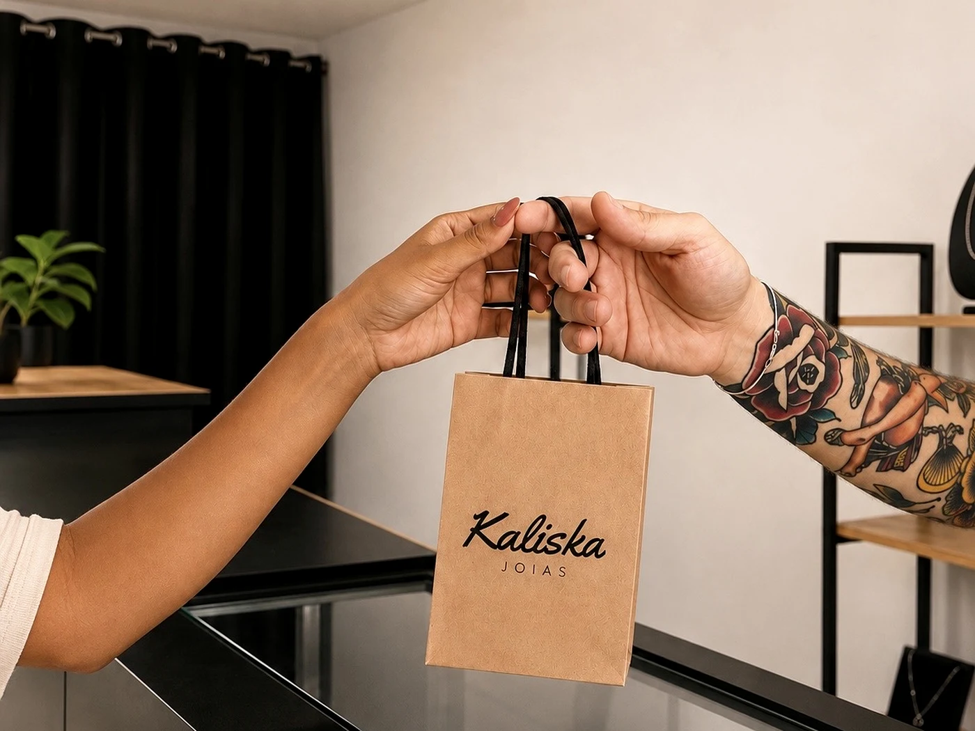 Sacola personalizada Kaliska Joias em Prata sendo entregue a uma cliente na loja em Brasília